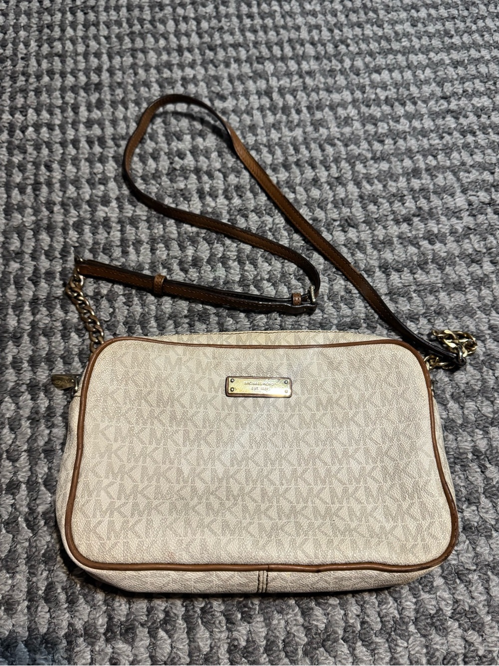 Michael Kors Beige Logo Crossbody Bag with Brown Trim